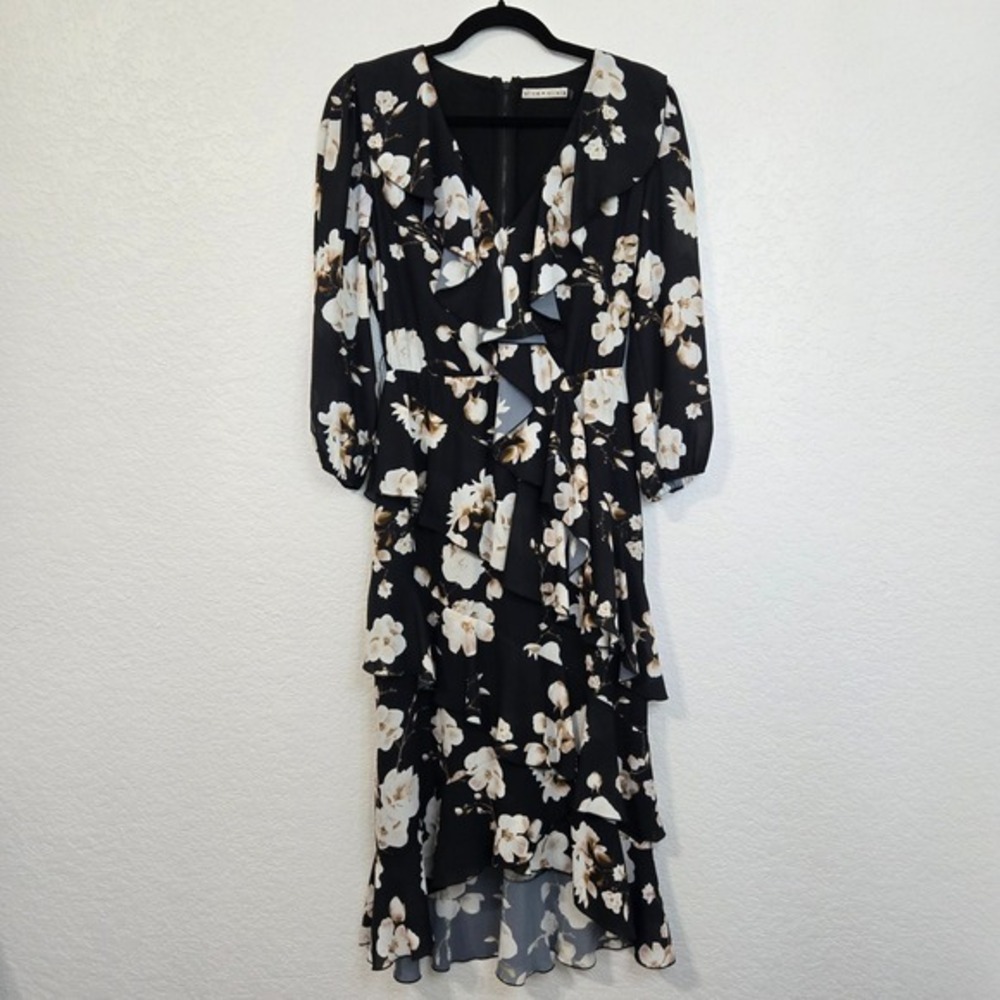 Alice + Olivia 6 Kye Floral Ruffle Midi Dress Black White Flowers Party Cocktail